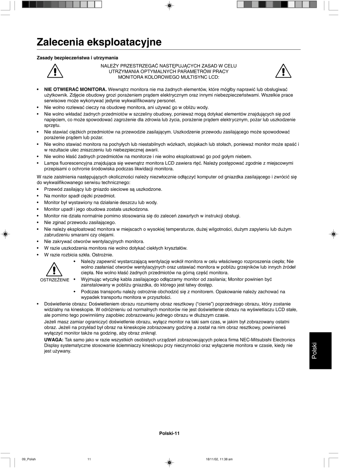 NEC LCD1560NX user manual Zalecenia eksploatacyjne 