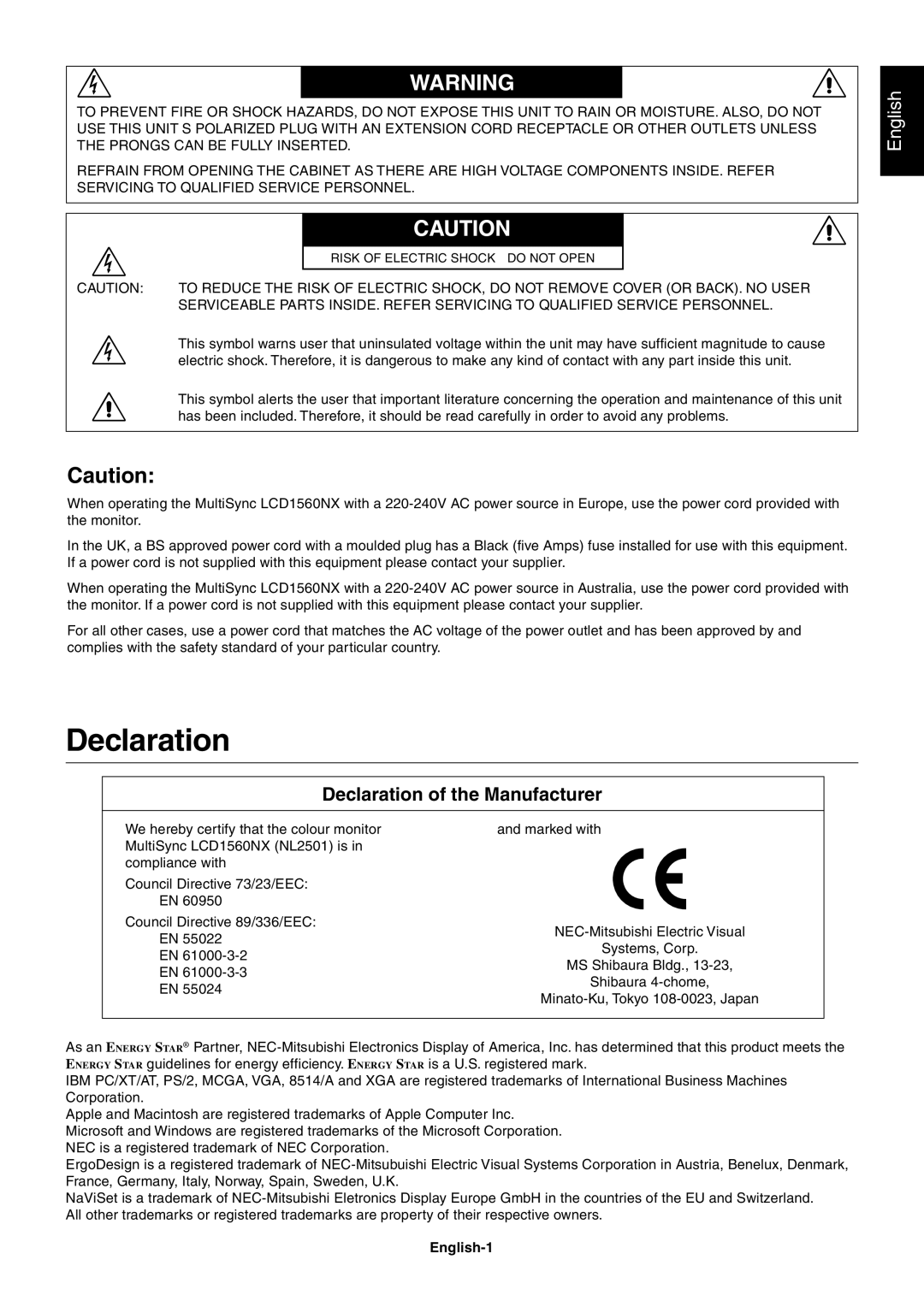 NEC LCD1560NX user manual Declaration, English-1 