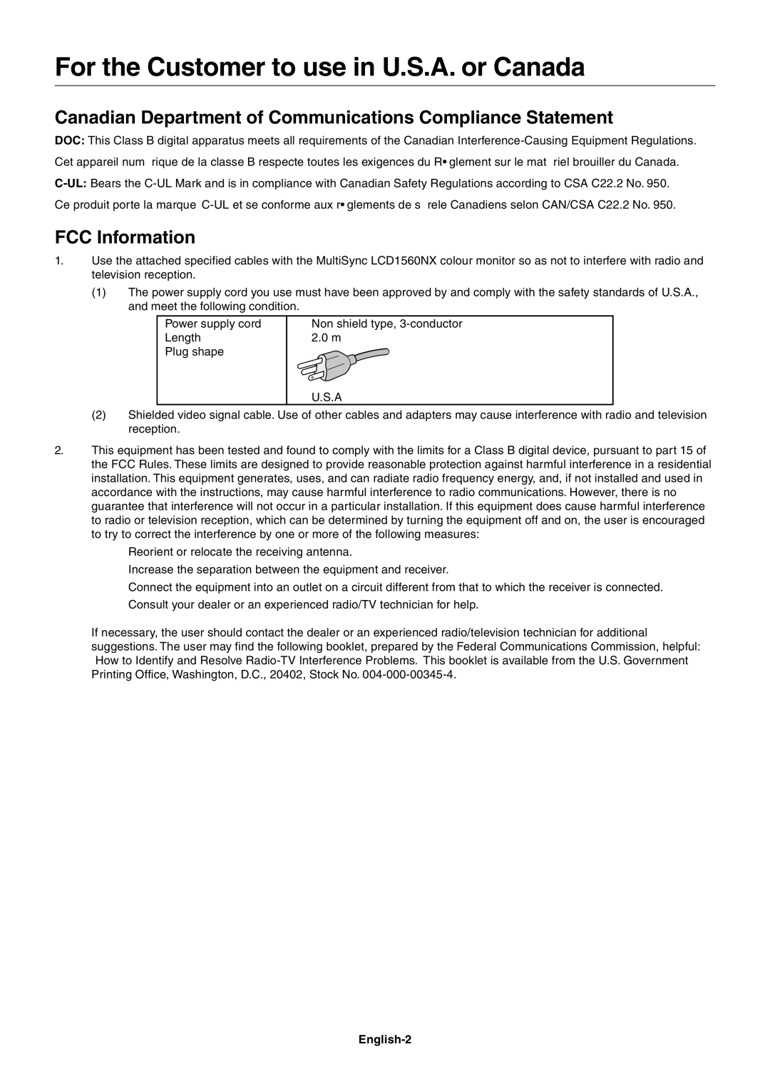 NEC LCD1560NX For the Customer to use in U.S.A. or Canada, Canadian Department of Communications Compliance Statement 