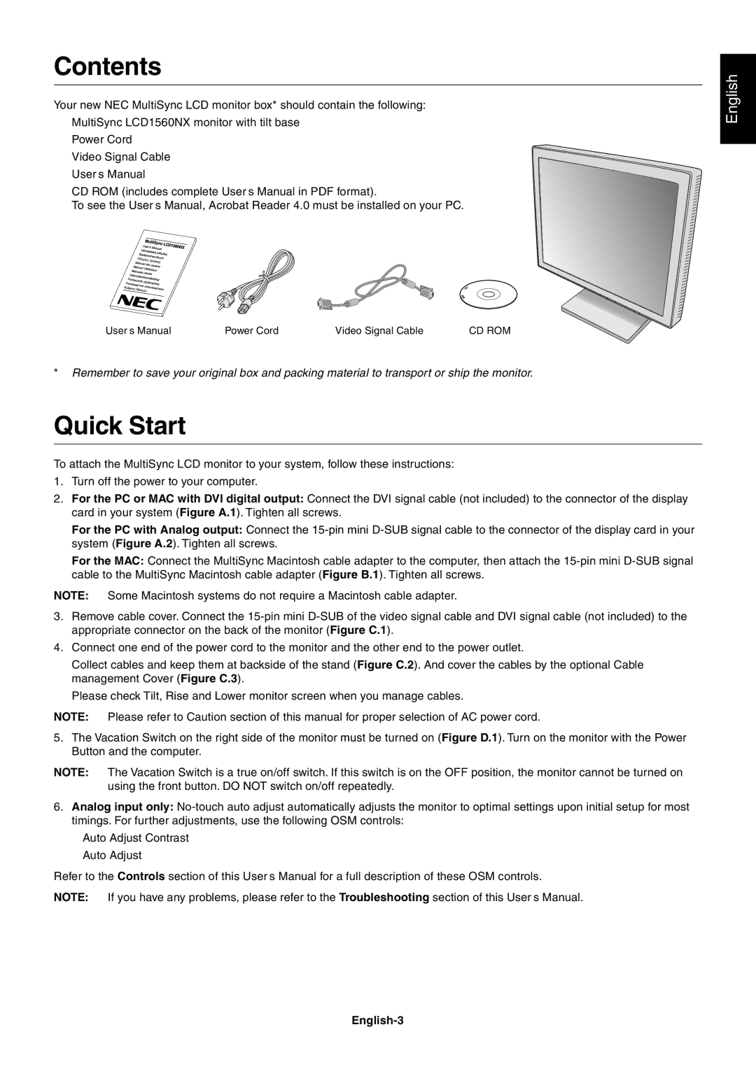 NEC LCD1560NX user manual Contents, Quick Start 