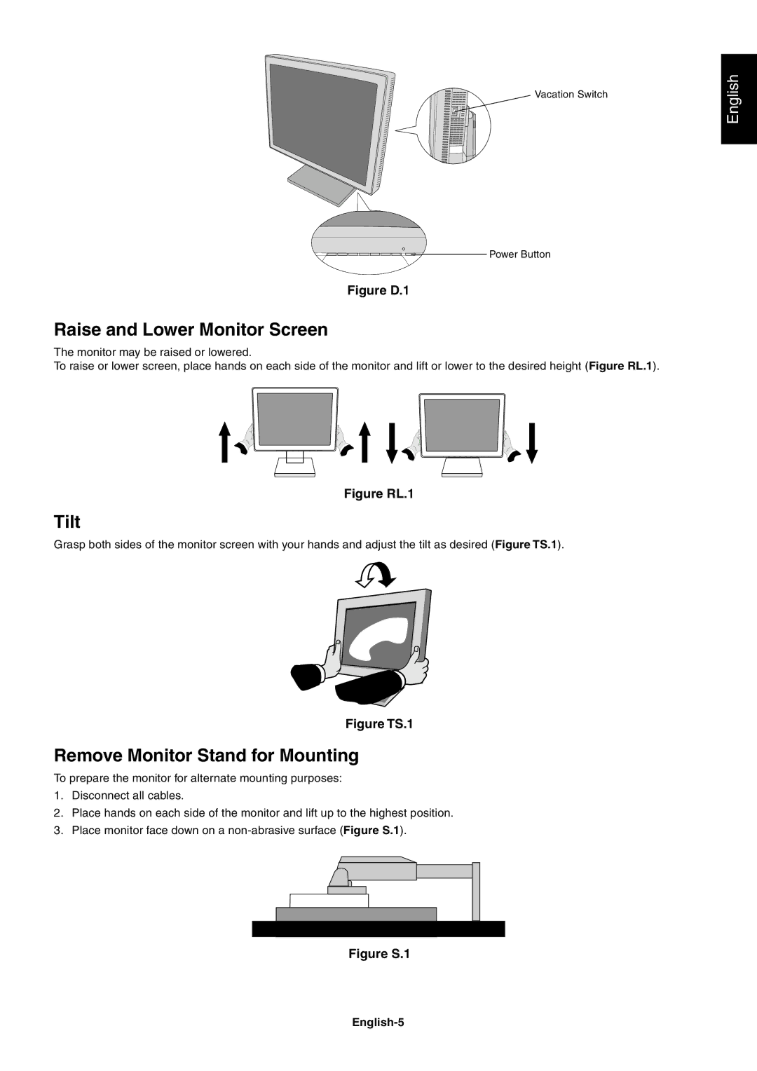 NEC LCD1560NX user manual Raise and Lower Monitor Screen, Tilt, Remove Monitor Stand for Mounting, English-5 