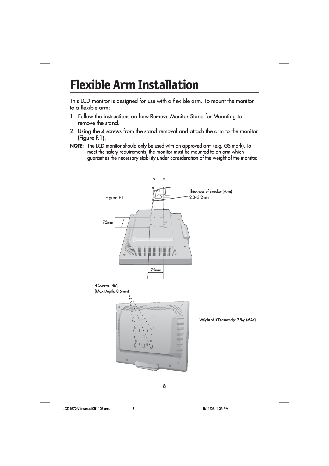NEC LCD1570NX user manual Flexible Arm Installation 