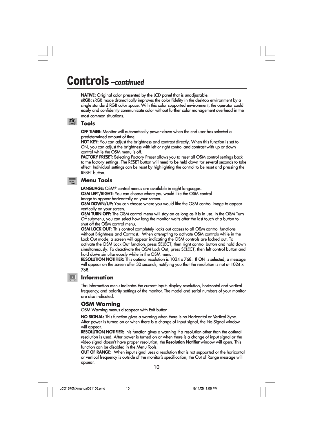 NEC LCD1570NX user manual Controls -continued, Menu Tools, Information, OSM Warning 