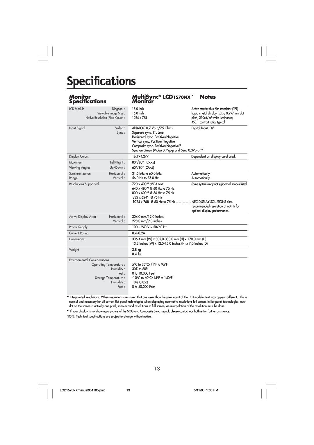 NEC user manual Specifications, Monitor, MultiSync LCD1570NX 
