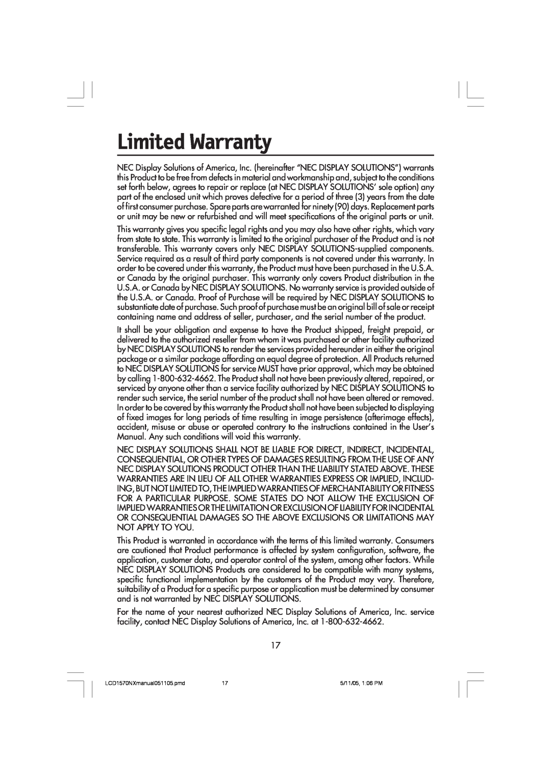 NEC LCD1570NX user manual Limited Warranty 
