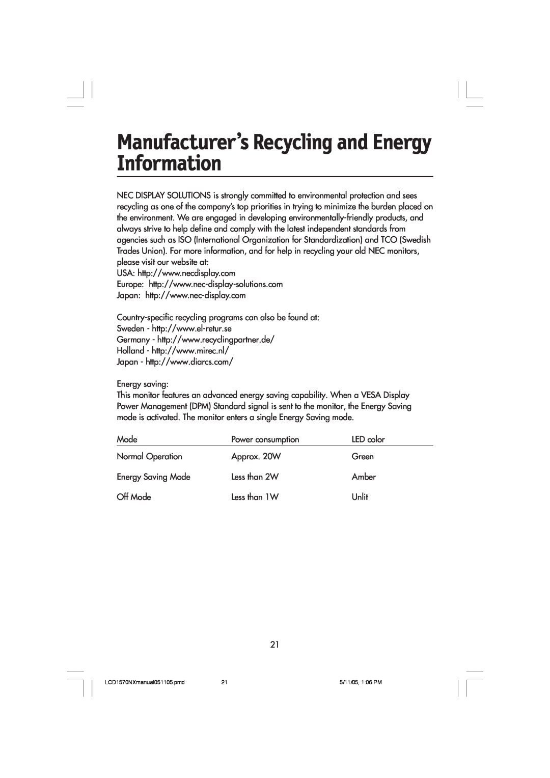 NEC LCD1570NX user manual Manufacturer’s Recycling and Energy Information 