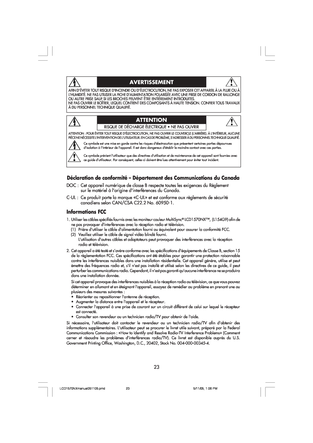 NEC LCD1570NX Déclaration de conformité - Département des Communications du Canada, Informations FCC, Avertissement 