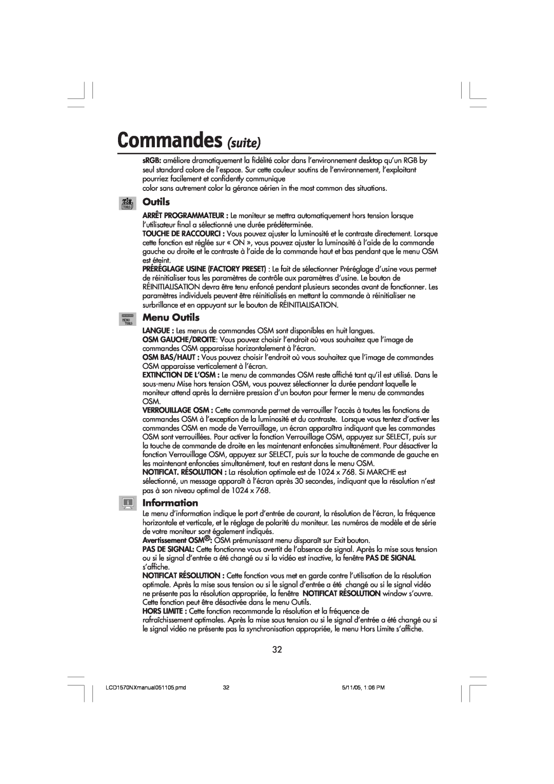NEC LCD1570NX user manual Commandes suite, Menu Outils, Information 