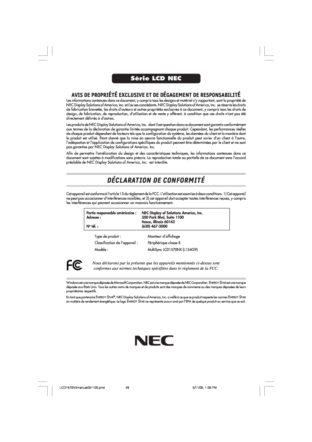 NEC LCD1570NX Déclaration De Conformité, Série LCD NEC, Avis De Propriété Exclusive Et De Dégagement De Responsabilité 