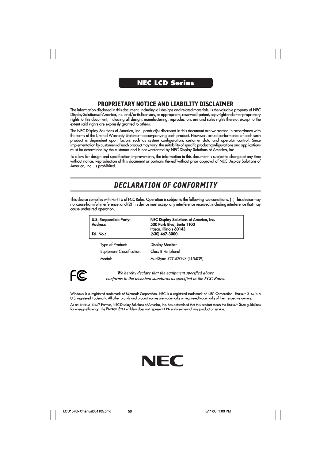 NEC LCD1570NX user manual Declaration Of Conformity, NEC LCD Series, Proprietary Notice And Liability Disclaimer 