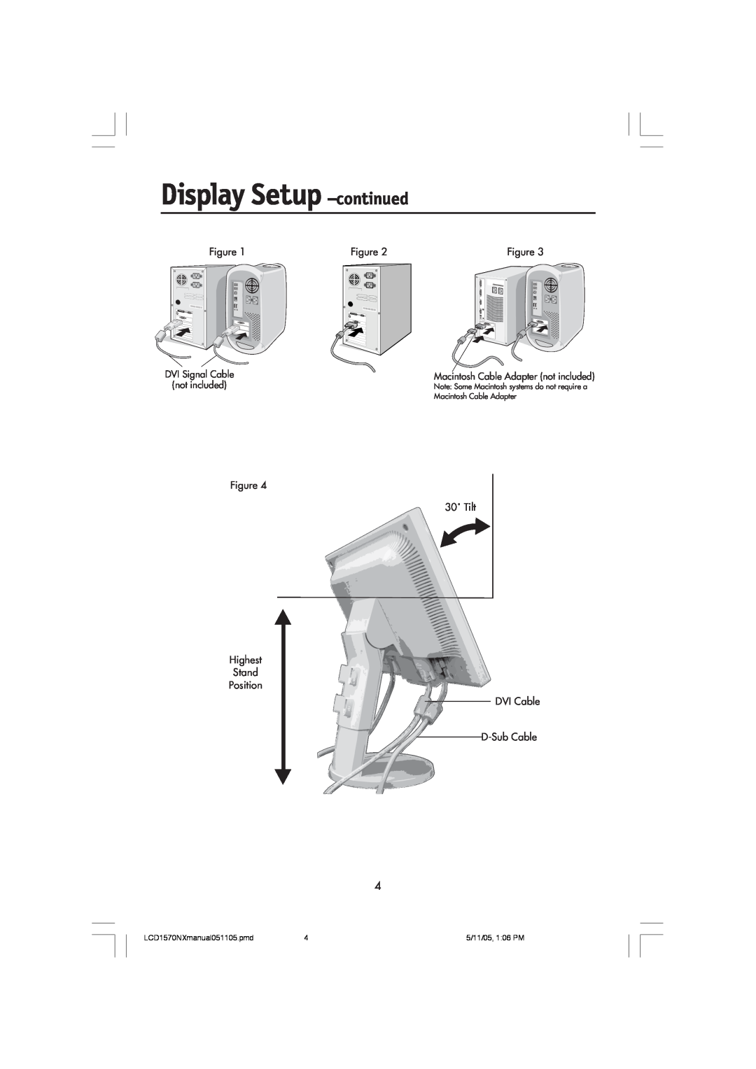 NEC Display Setup -continued, 30˚ Tilt Highest Stand Position DVI Cable D-Sub Cable, LCD1570NXmanual051105.pmd 