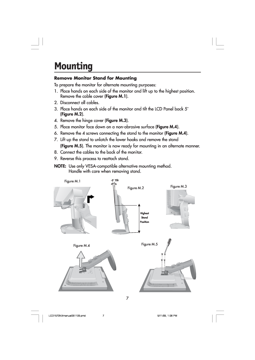 NEC LCD1570NX user manual Remove Monitor Stand for Mounting 