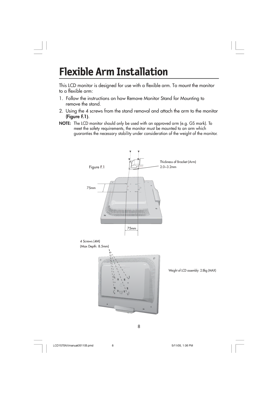 NEC LCD1570NX user manual Flexible Arm Installation, Figure F.1 