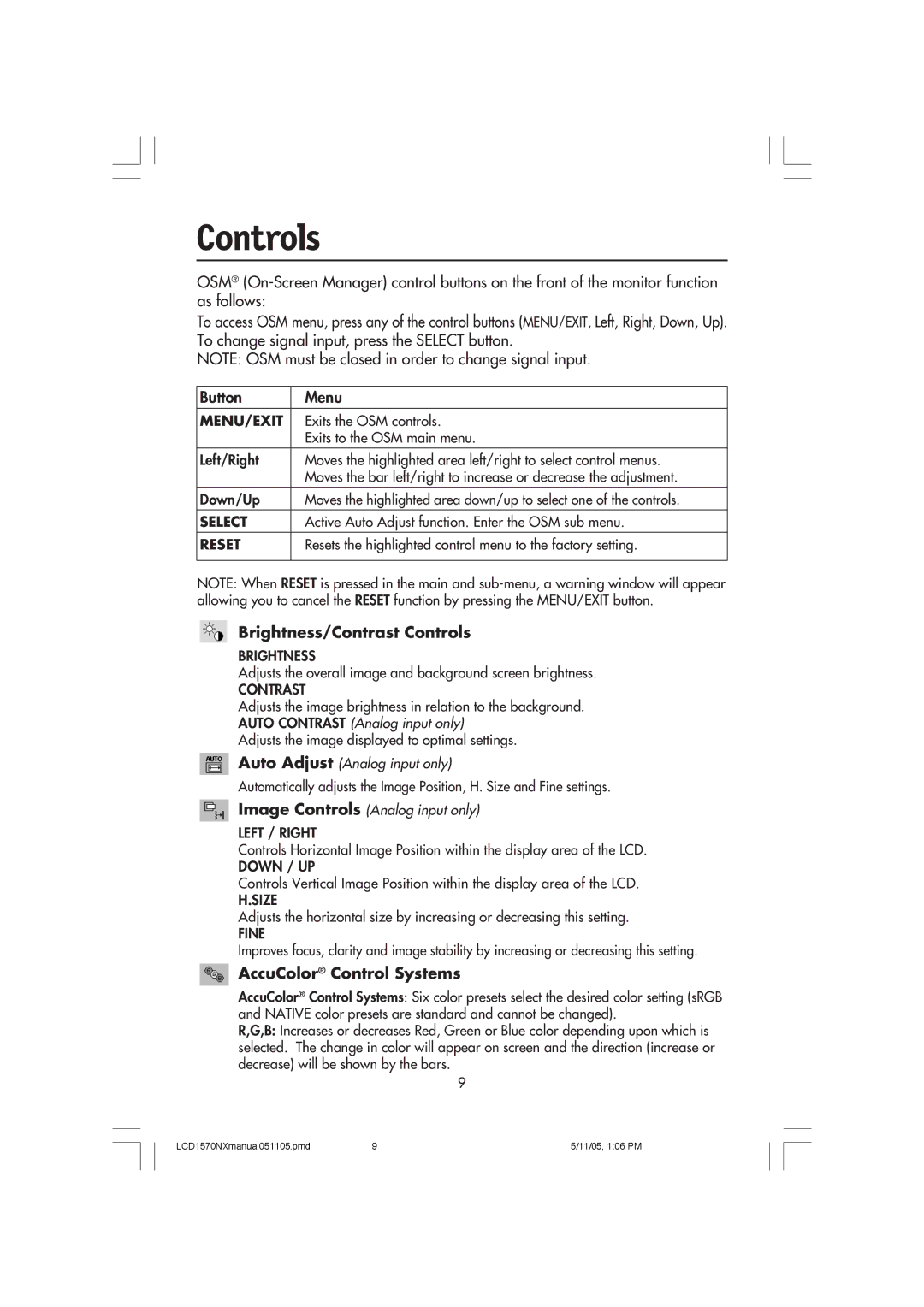 NEC LCD1570NX user manual Brightness/Contrast Controls, AccuColor Control Systems 