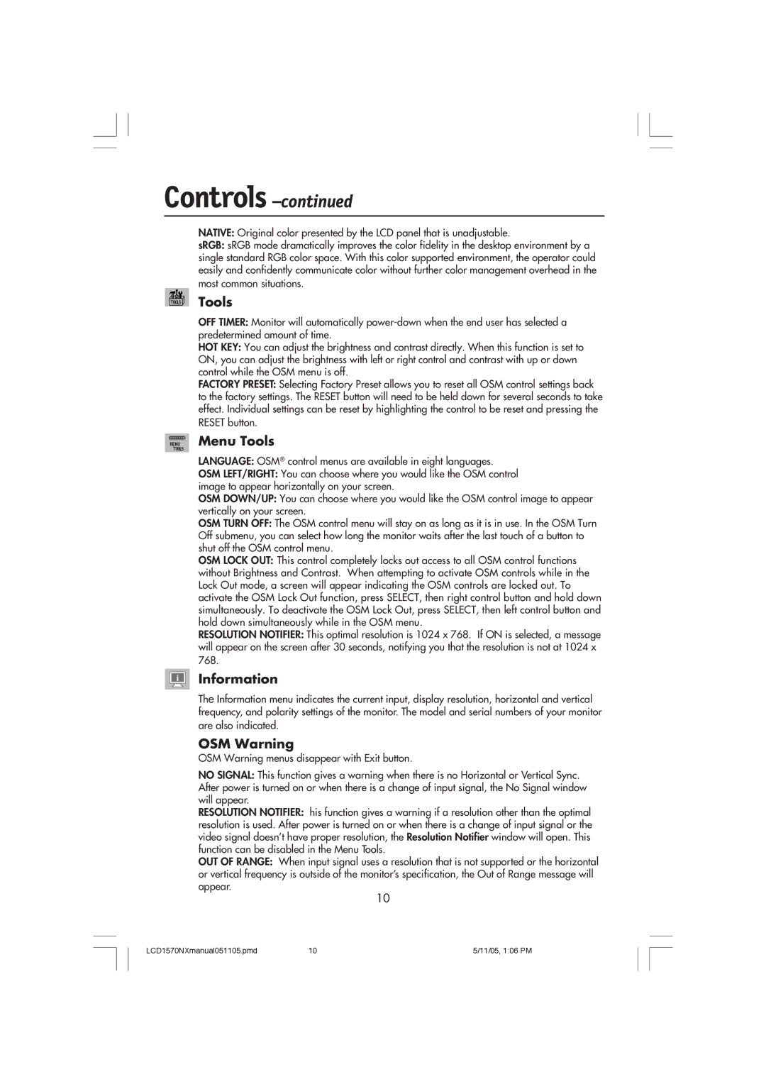 NEC LCD1570NX user manual Menu Tools, Information, OSM Warning 