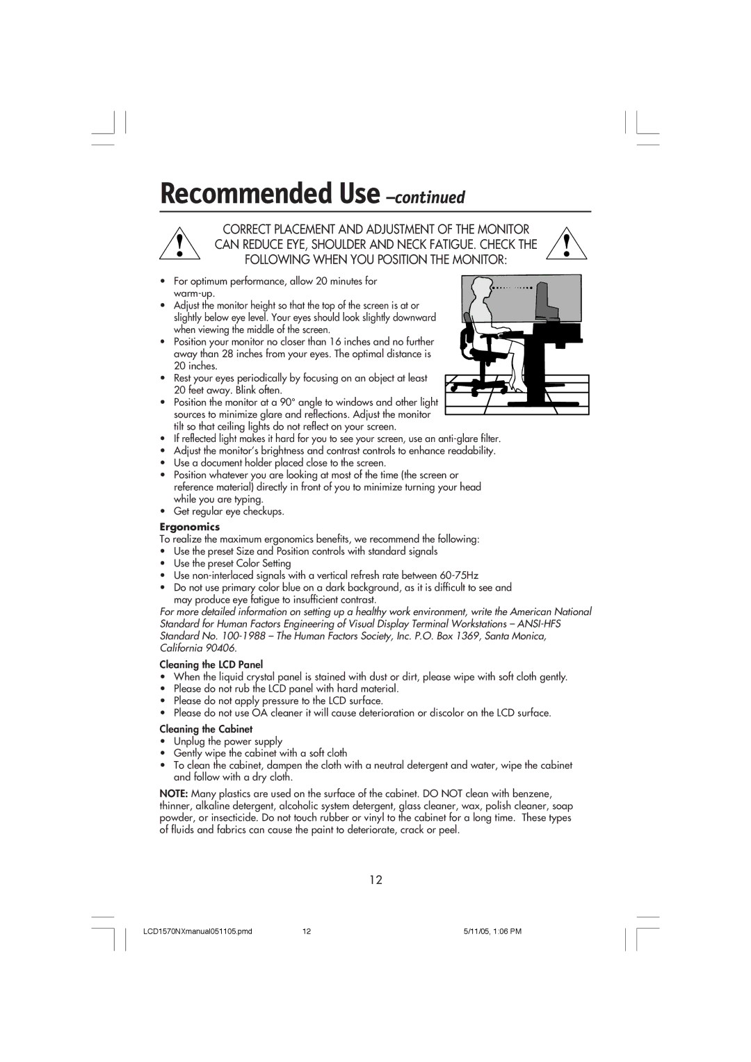 NEC LCD1570NX user manual Ergonomics 