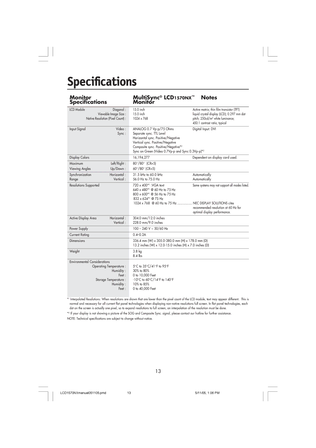 NEC user manual Monitor MultiSync LCD1570NX Specifications 