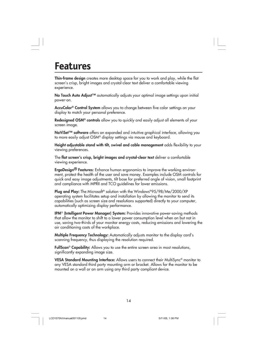 NEC LCD1570NX user manual Features 