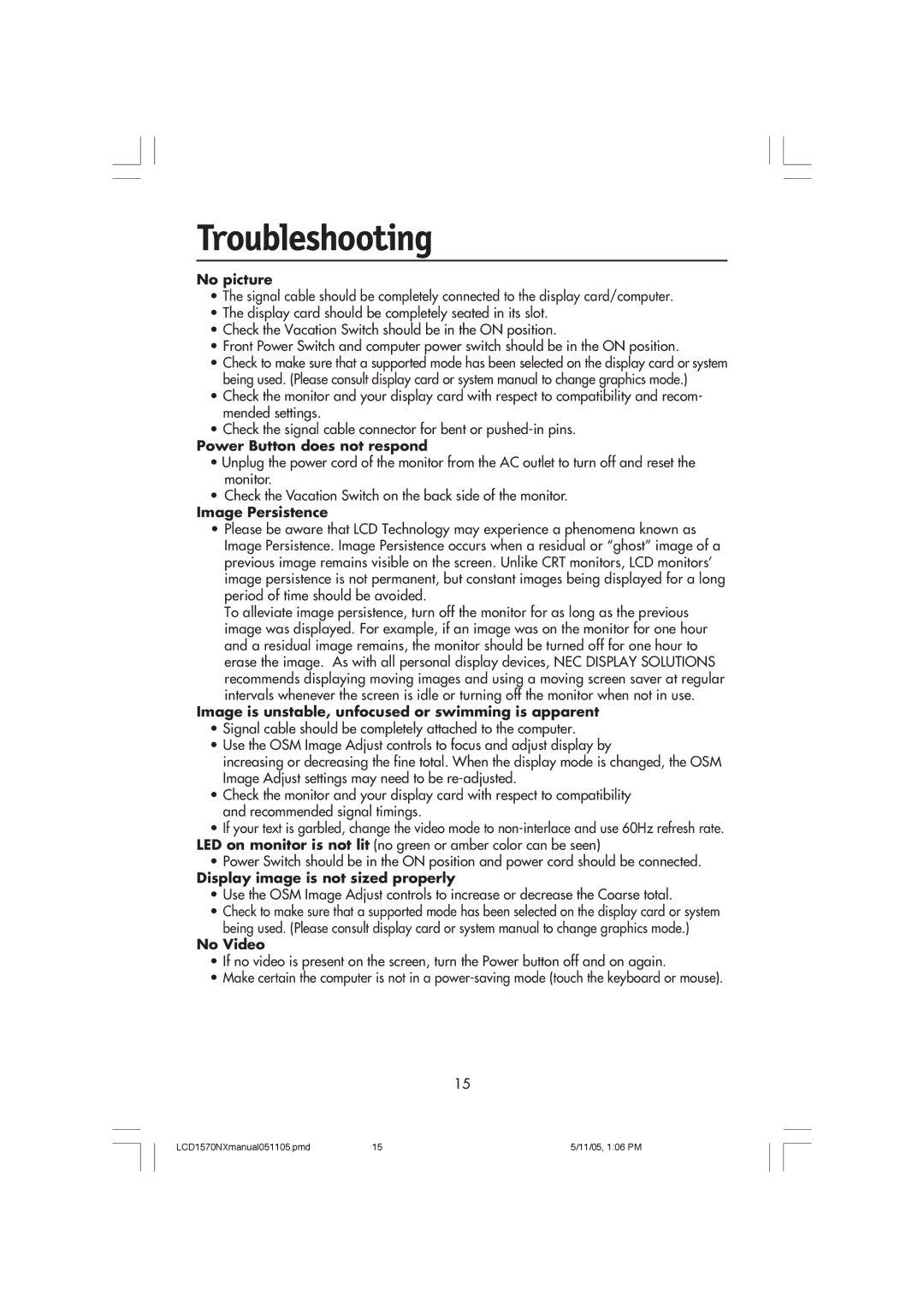 NEC LCD1570NX user manual Troubleshooting, No picture 