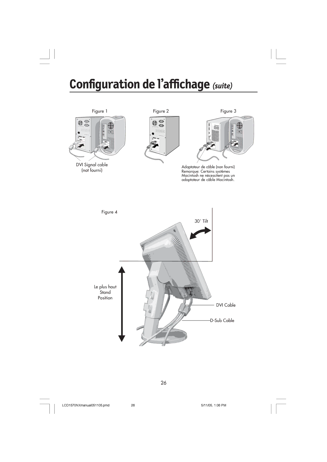 NEC LCD1570NX user manual Configuration de l’affichage suite, DVI Signal cable Not fourni 