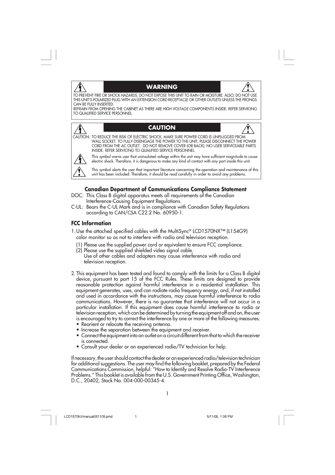 NEC LCD1570NX user manual Canadian Department of Communications Compliance Statement, FCC Information 