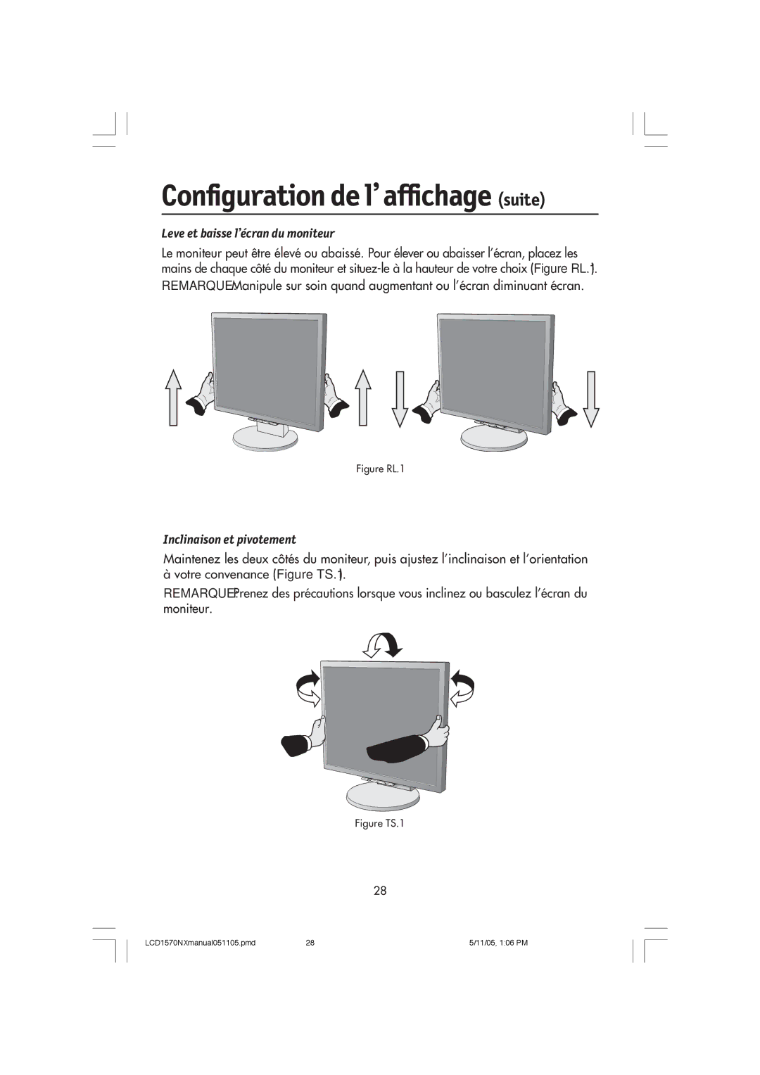 NEC LCD1570NX user manual Levez et baissez l’écran du moniteur, Inclinaison et pivotement 