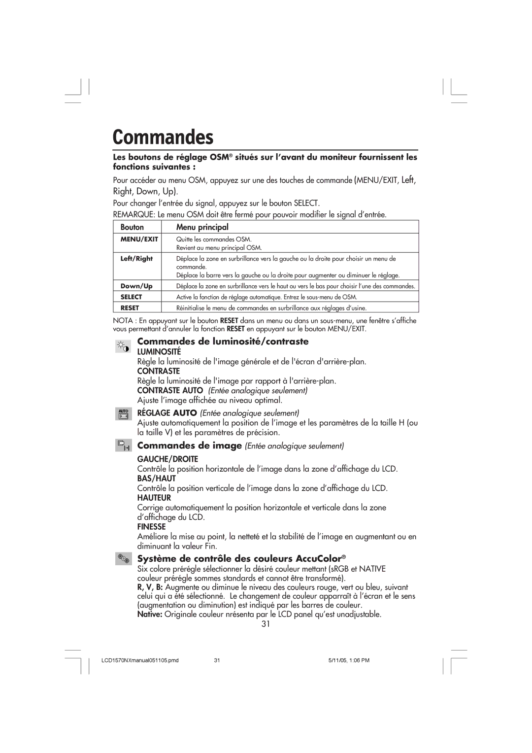 NEC LCD1570NX user manual Commandes de luminosité/contraste, Système de contrôle des couleurs AccuColor 