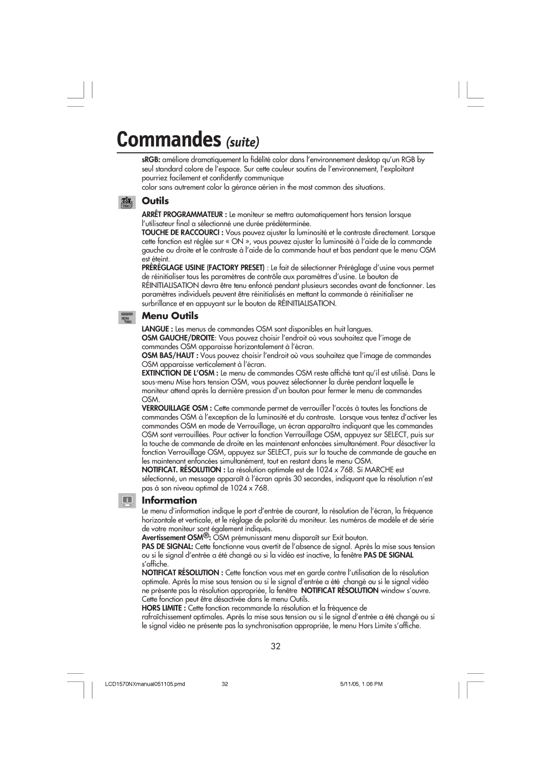 NEC LCD1570NX user manual Commandes suite, Menu Outils 