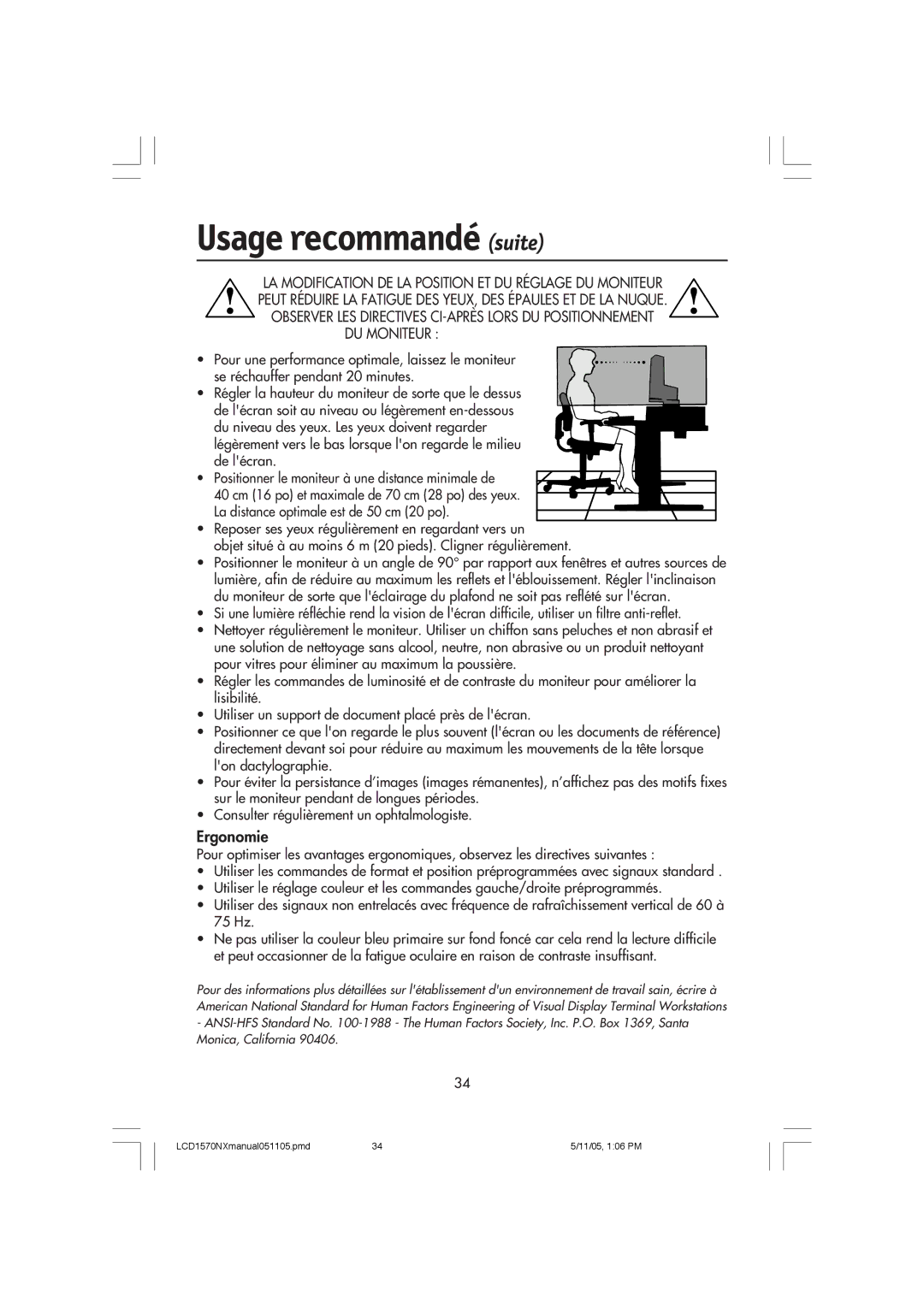 NEC LCD1570NX user manual Usage recommandé suite, Ergonomie 