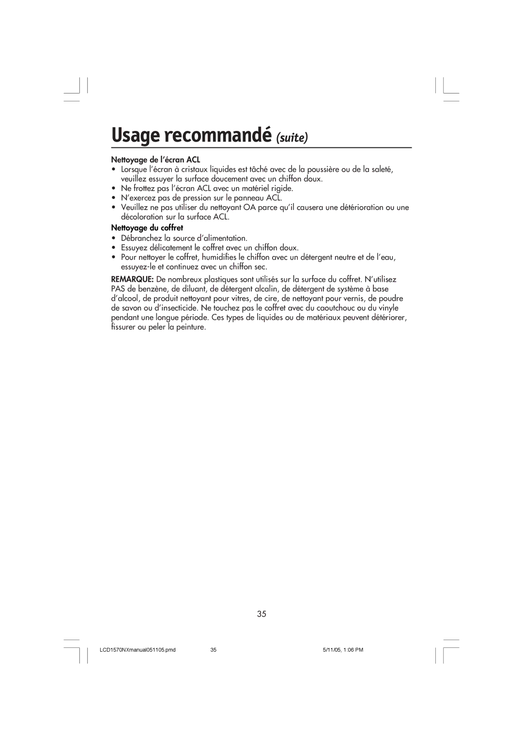 NEC LCD1570NX user manual Nettoyage du coffret 