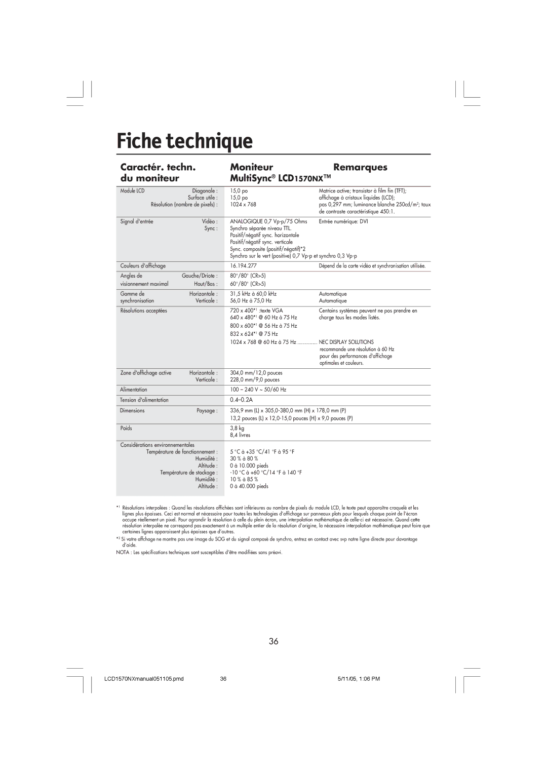 NEC LCD1570NX user manual Fiche technique 