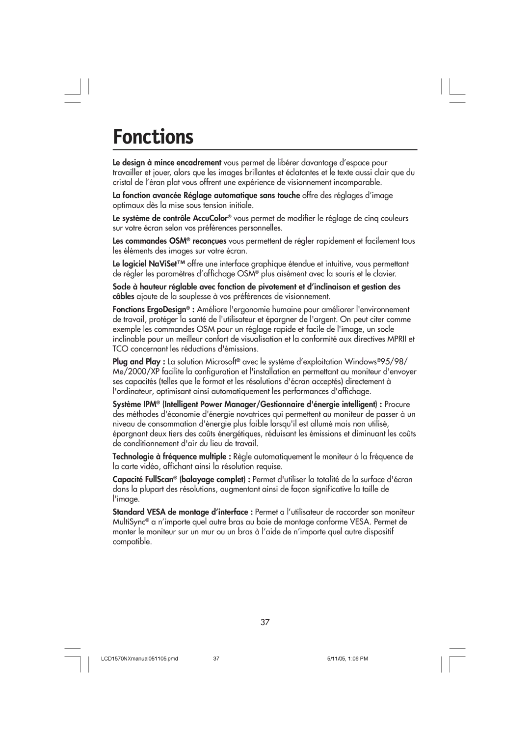 NEC LCD1570NX user manual Fonctions 