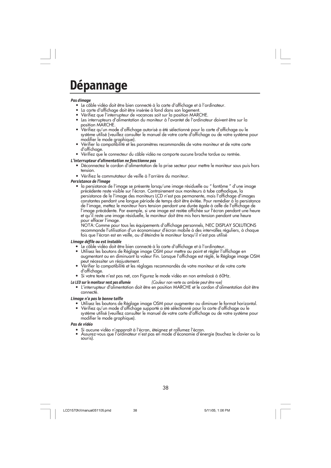 NEC LCD1570NX user manual Dépannage 