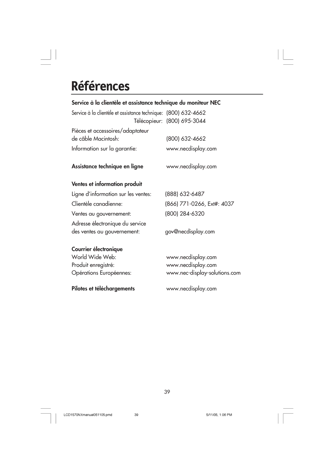 NEC LCD1570NX user manual Références 