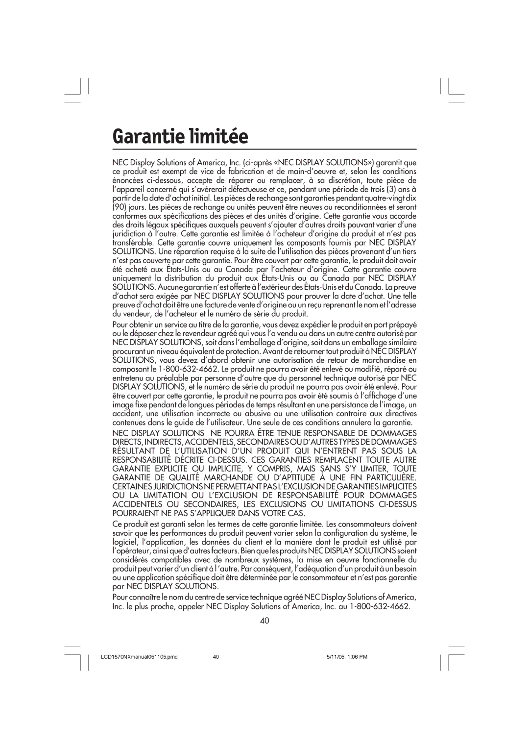 NEC LCD1570NX user manual Garantie limitée 