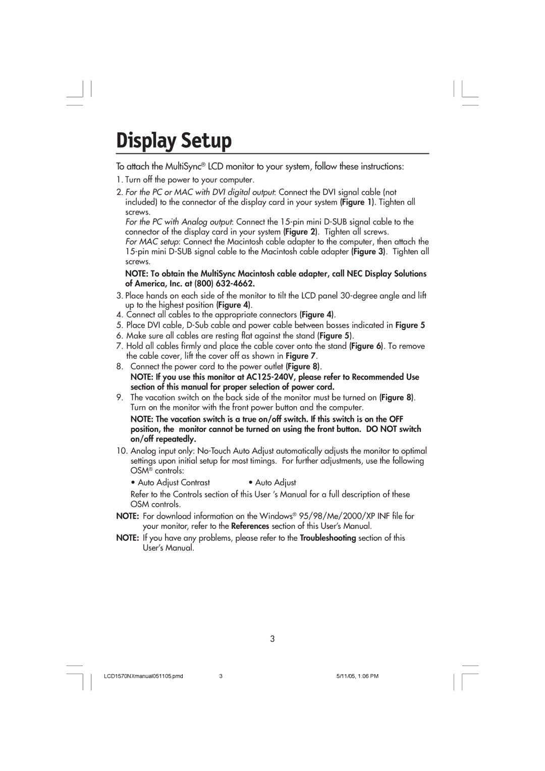 NEC LCD1570NX user manual Display Setup 