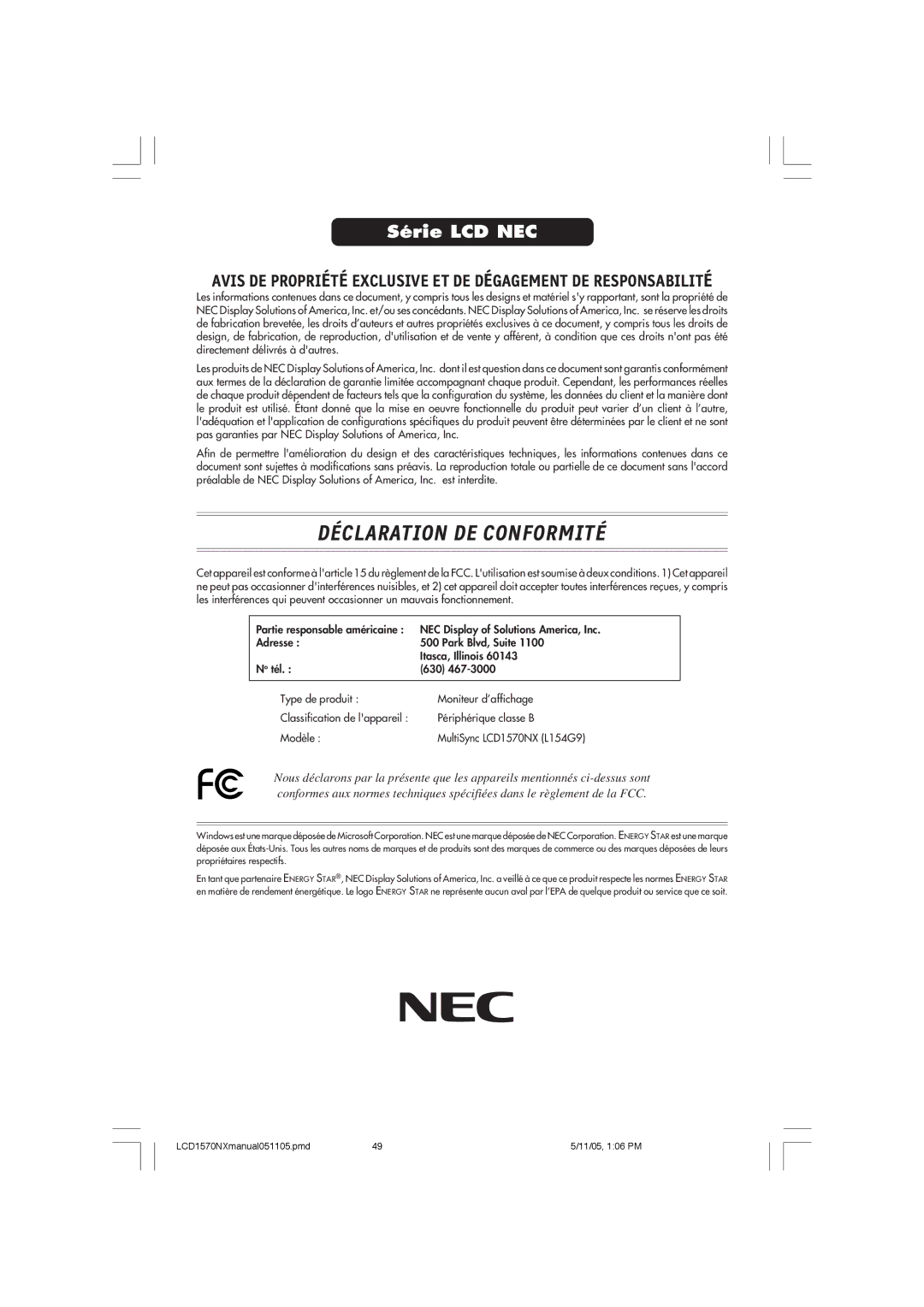 NEC LCD1570NX user manual Déclaration DE Conformité 