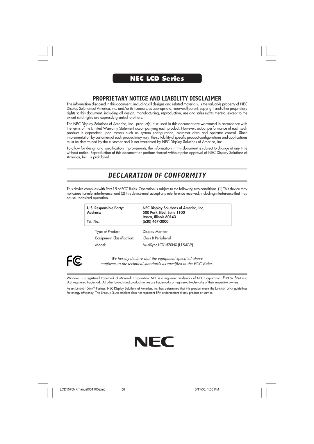 NEC LCD1570NX user manual Declaration of Conformity 