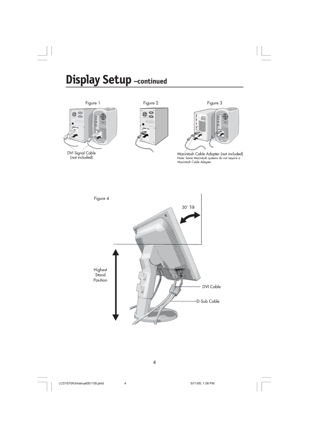 NEC LCD1570NX user manual 30˚ Tilt Highest Stand Position DVI Cable Sub Cable 