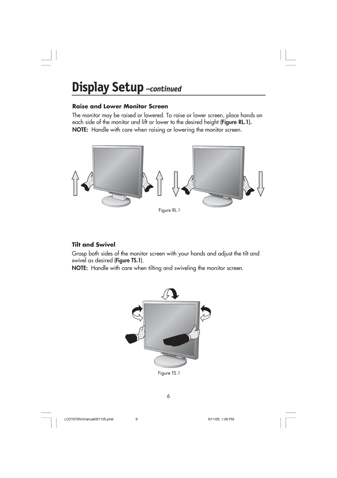 NEC LCD1570NX user manual Raise and Lower Monitor Screen, Tilt and Swivel 