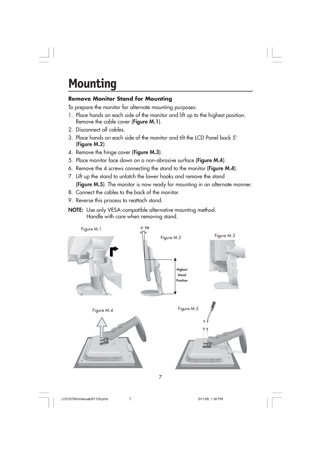 NEC LCD1570NX user manual Remove Monitor Stand for Mounting 