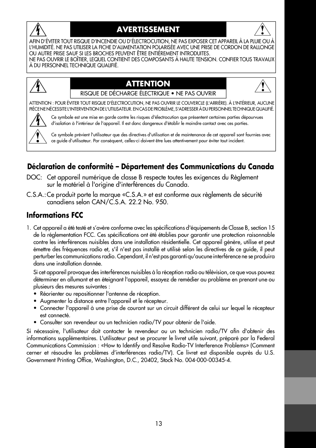NEC LCD1700M Avertissement, Déclaration de conformité - Département des Communications du Canada, Informations FCC 