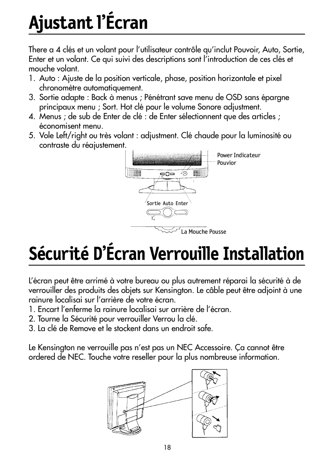 NEC LCD1700M user manual Ajustant l’Écran, Sécurité D’Écran Verrouille Installation 