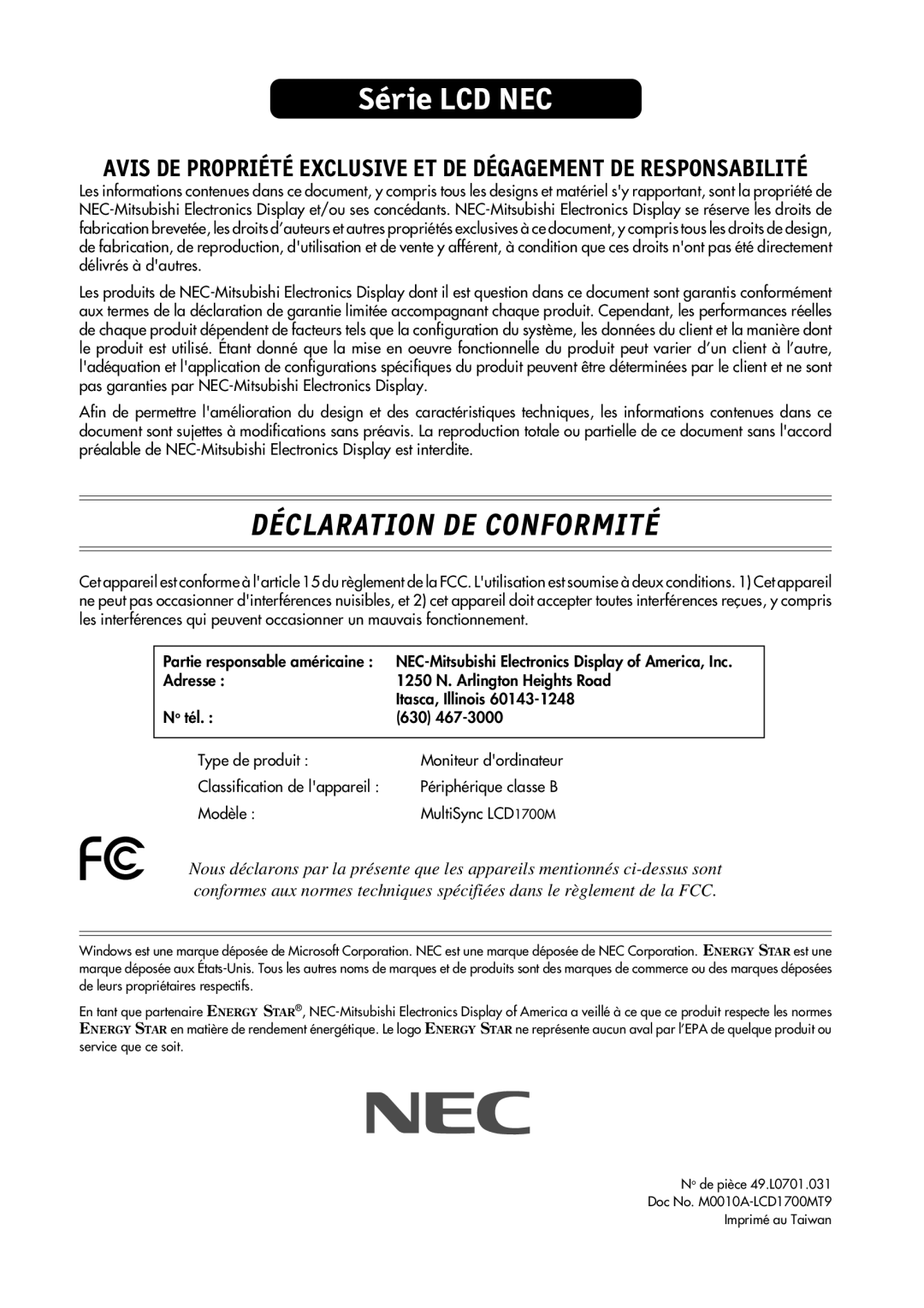 NEC LCD1700M Série LCD NEC, Déclaration De Conformité, Avis De Propriété Exclusive Et De Dégagement De Responsabilité 