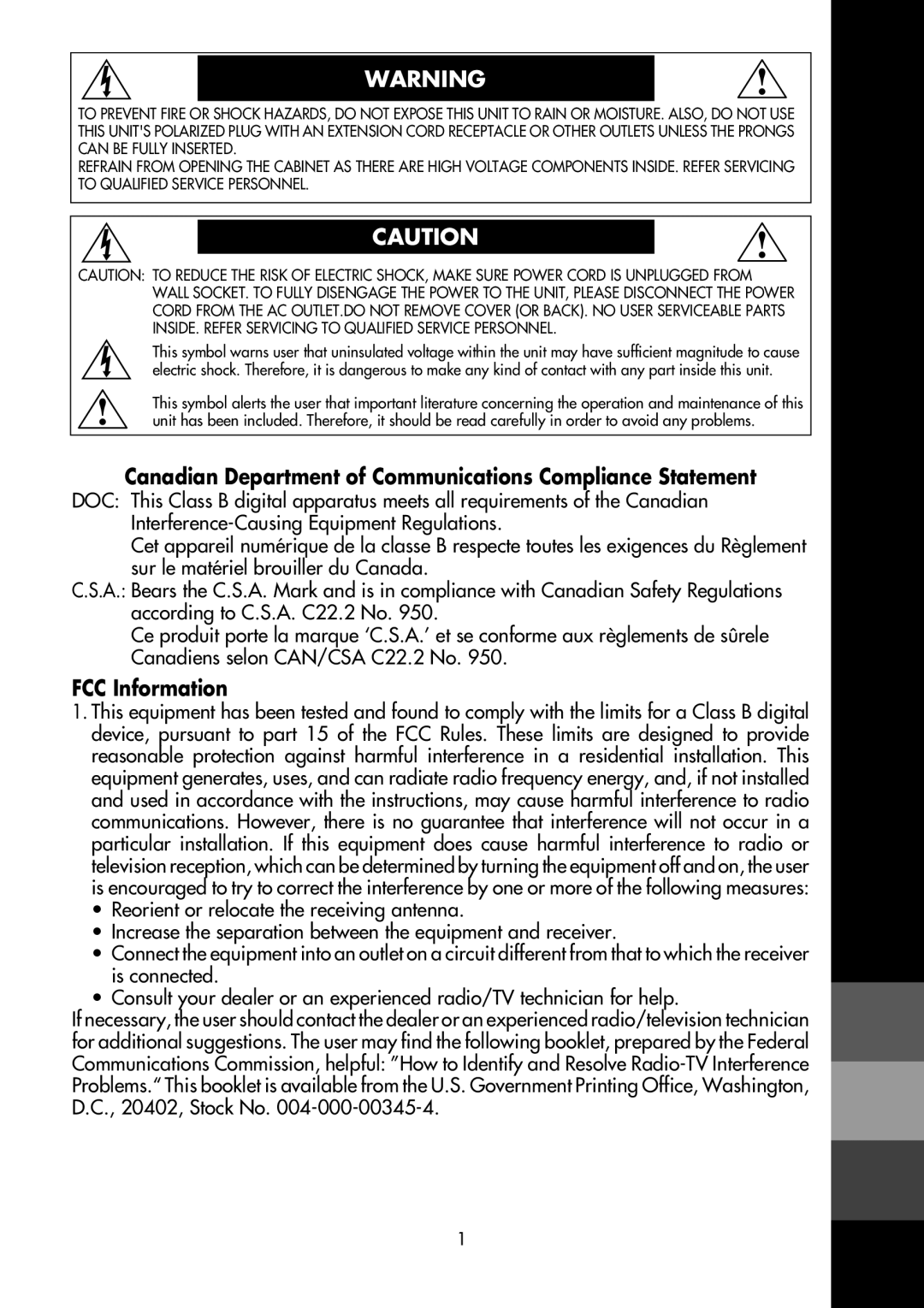 NEC LCD1700M user manual Canadian Department of Communications Compliance Statement, FCC Information 