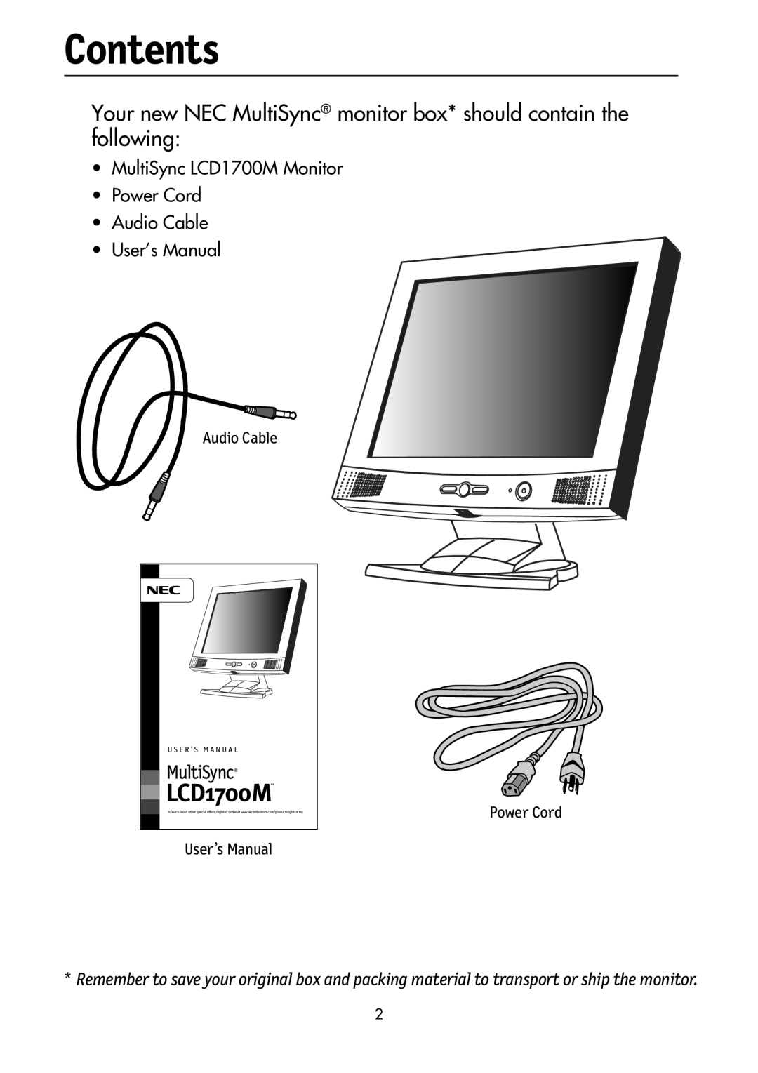 NEC LCD1700M Contents, Your new NEC MultiSync monitor box* should contain the following, Audio Cable, User’s Manual 