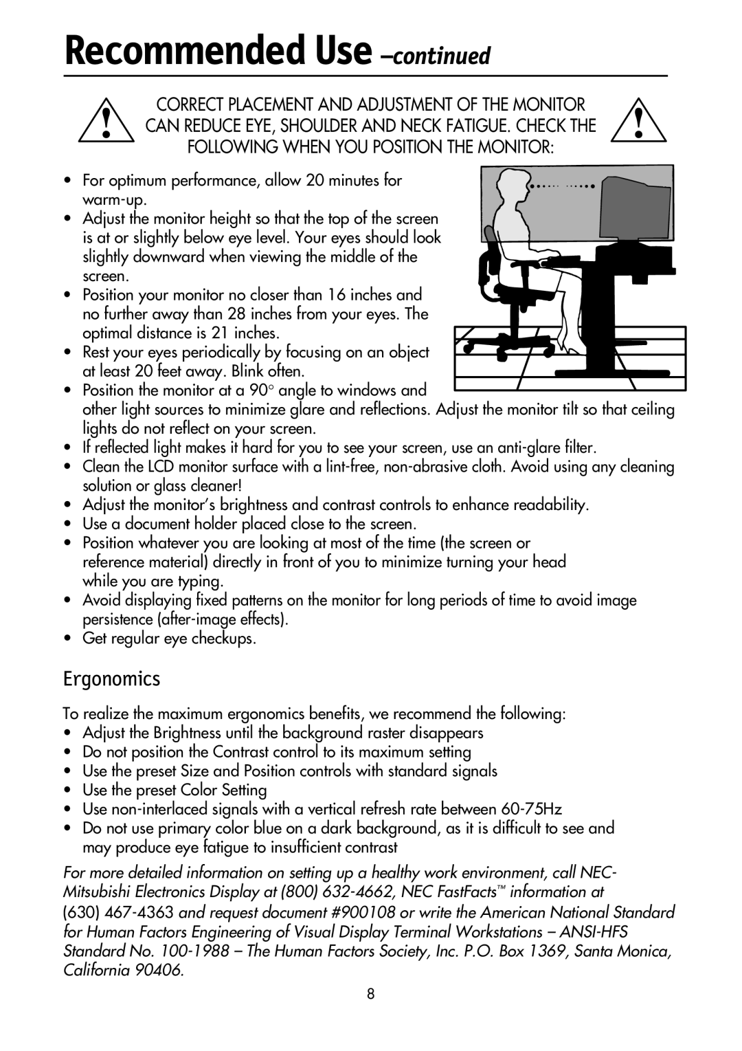 NEC LCD1700M user manual Ergonomics 