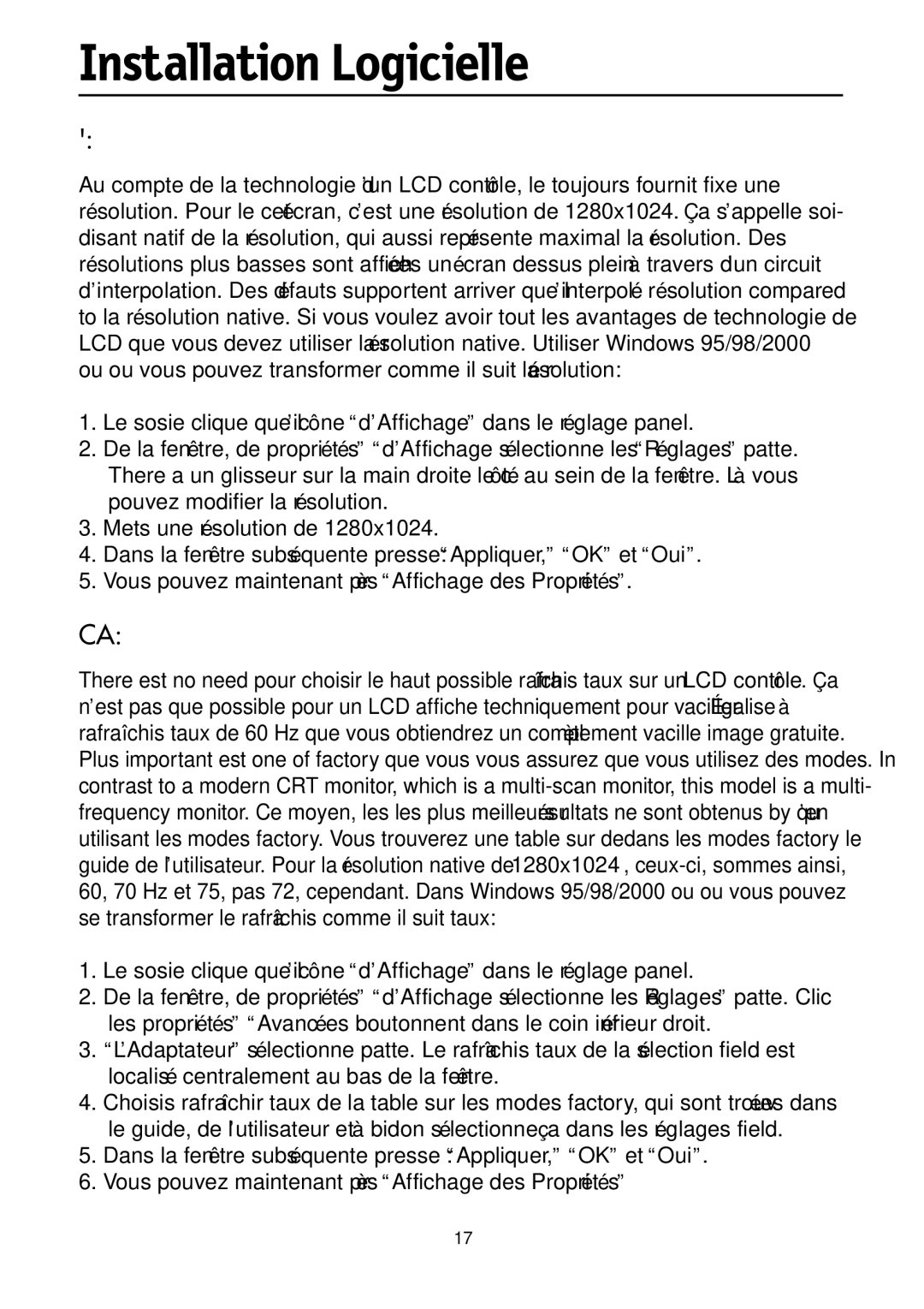 NEC LCD1700M user manual Installation Logicielle, Choisissant la la plus meilleure résolution 