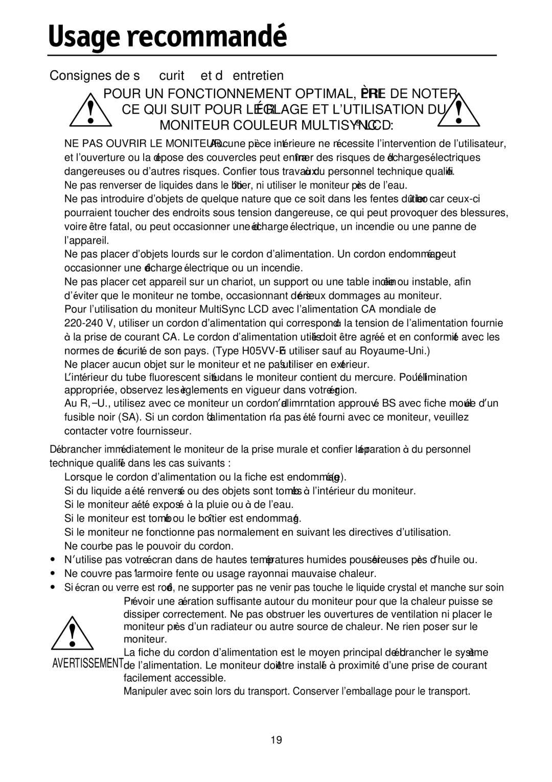 NEC LCD1700M user manual Usage recommandé, Consignes de sécurité et d’entretien 