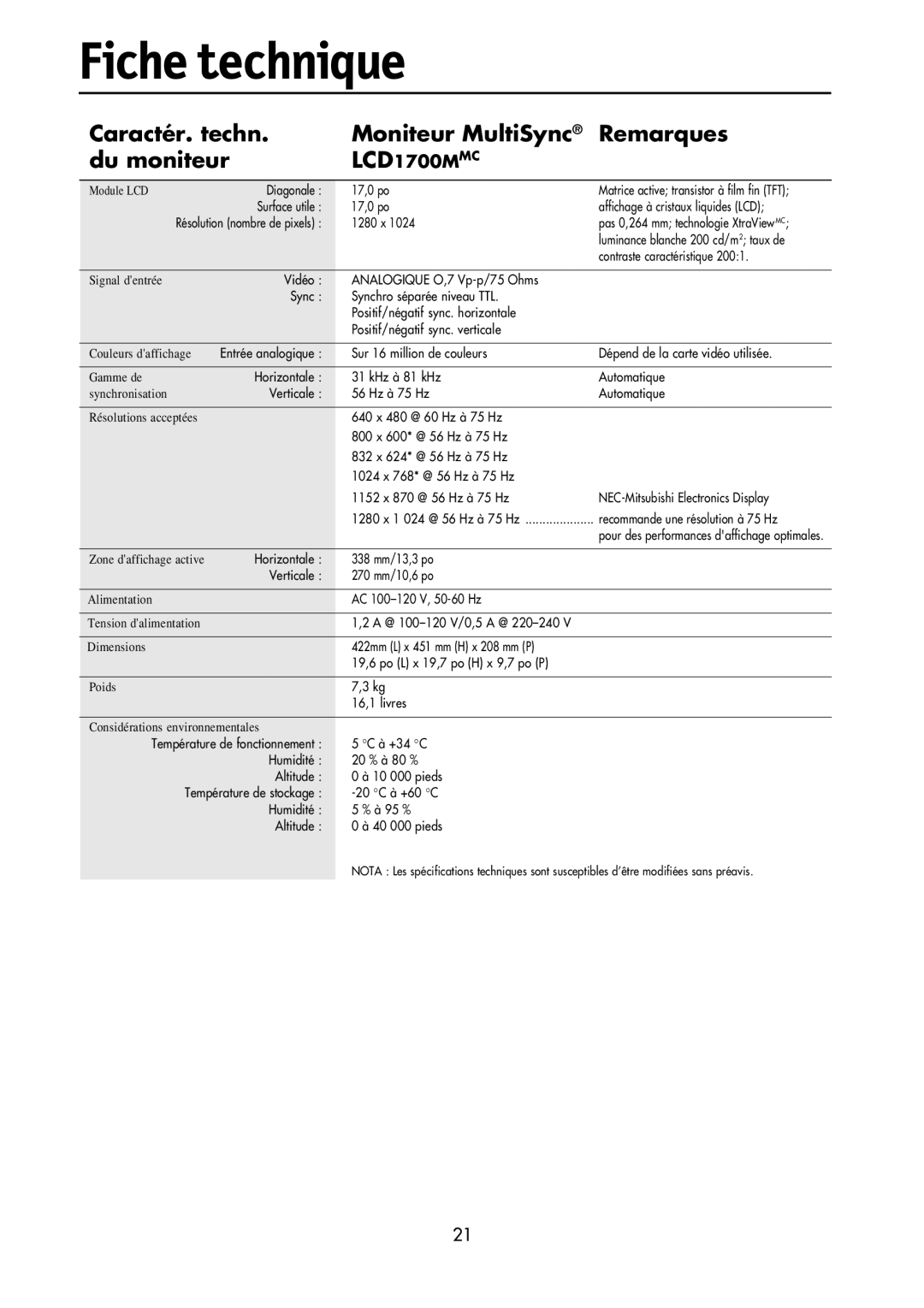 NEC LCD1700M user manual Fiche technique, Caractér. techn Moniteur MultiSync Remarques Du moniteur 